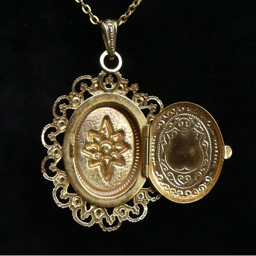 26 - 9ct gold Garnet and Seed Pearl locket pendant and chain, 9.4 grams. Chain 55 cm, locket 4.5 cm. UK P... 