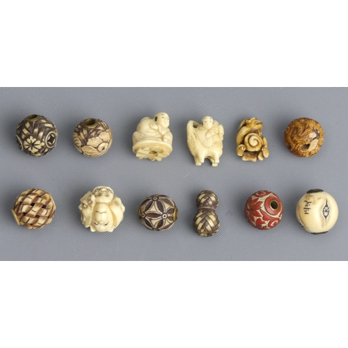 266 - 10 Japanese Meiji period carved Ojime ivory beads, one cinnabar lacquer and one peach stone example.... 