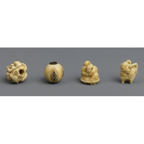 266 - 10 Japanese Meiji period carved Ojime ivory beads, one cinnabar lacquer and one peach stone example.... 