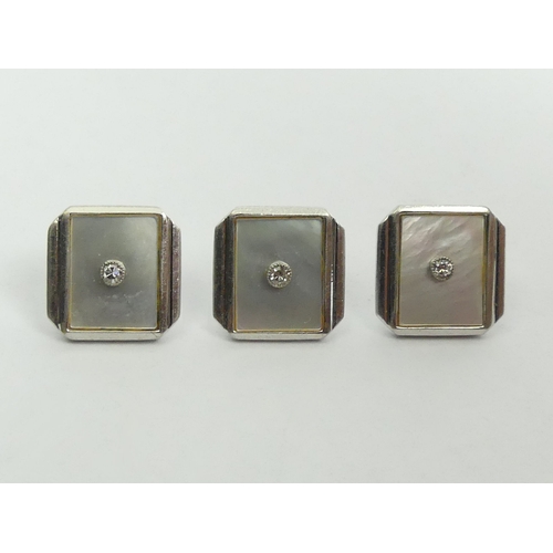 18a - Three art deco white gold diamond set studs/buttons, 3 grams. 11 mm square. UK Postage £12.