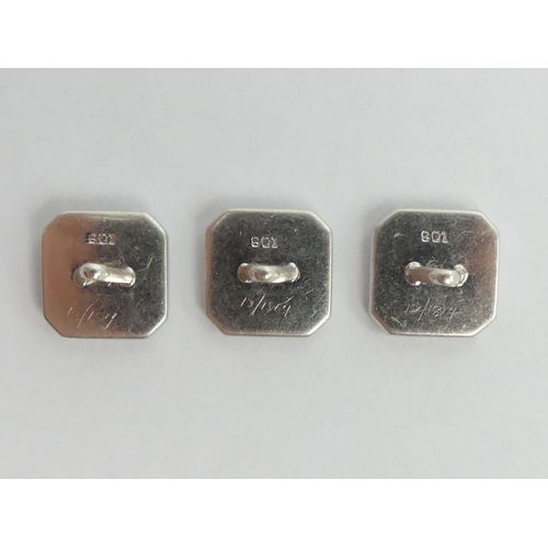 18a - Three art deco white gold diamond set studs/buttons, 3 grams. 11 mm square. UK Postage £12.