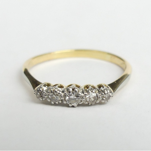 27 - 18 carat gold diamond five stone ring, Size R 1/2, 3.5 mm wide. UK Postage £12.