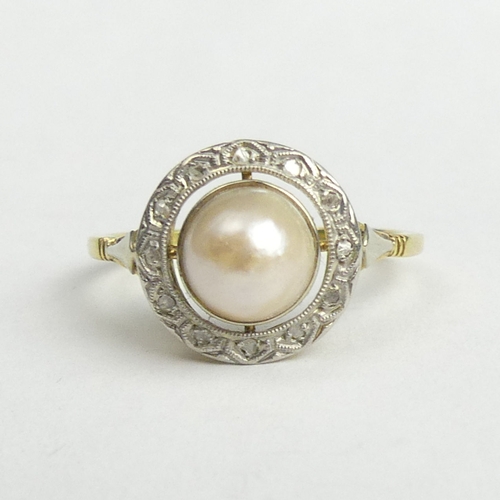 37 - 18 carat gold pearl set ring, 3 grams. Size P 1/2, 12.7 mm wide. UK Postage £12.
