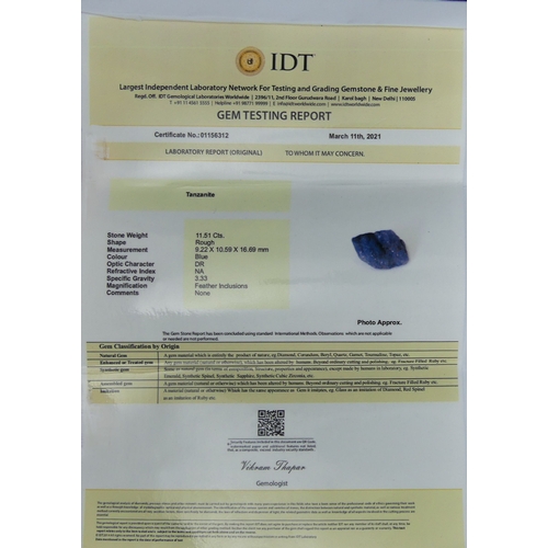 12 - 11.51 carat blue Tanzanite gem stone, complete with I.D.T report. UK Postage £12.