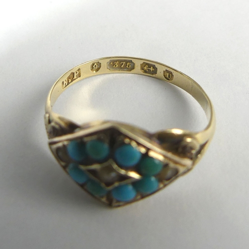 10b - Victorian 9ct gold turquoise and seed pearl ring, Birm.1869, 1.5 grams. Size L, 9.8 mm wide. UK Post... 