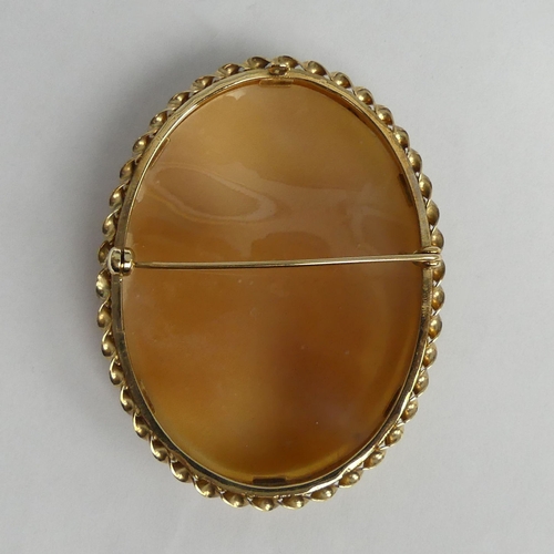 10c - 9ct gold carved shell cameo brooch, Sheff.1977, 17.5 grams. 60 x 46 mm. UK Postage £12.