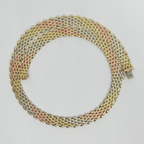 20 - 9ct gold three colour panther link collarette necklace, 24 grams. 41.5 cm x 8.8 mm. UK Postage £12.