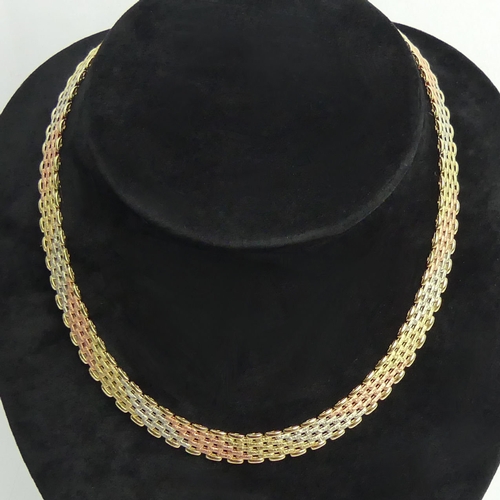 20 - 9ct gold three colour panther link collarette necklace, 24 grams. 41.5 cm x 8.8 mm. UK Postage £12.