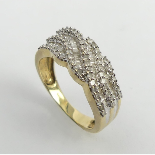 3 - 9ct gold diamond wave design ring, 2.7 grams. Size J, 7.4 mm. UK Postage £12.