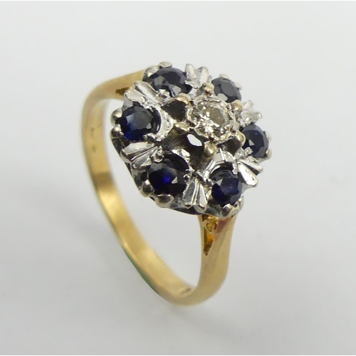5 - 18ct gold sapphire and diamond cluster ring, 3.6 grams. Size M, 11 mm. UK Postage £12.