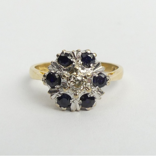 5 - 18ct gold sapphire and diamond cluster ring, 3.6 grams. Size M, 11 mm. UK Postage £12.