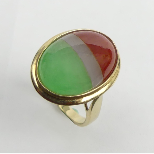 27 - 14ct gold 3 colour jade ring, 5.6 grams. Size O, 20.5 mm. UK Postage £12.