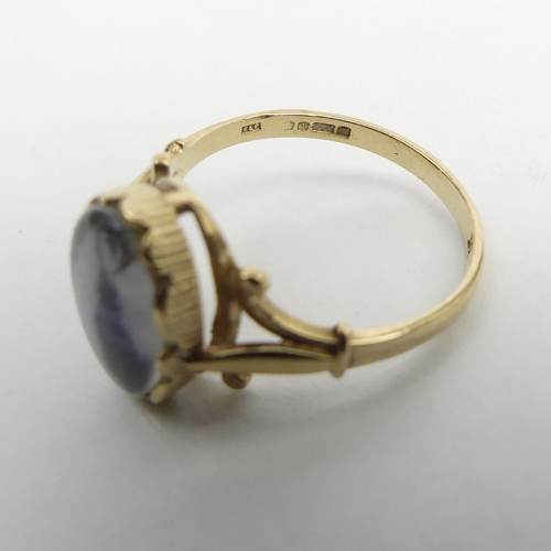 34 - 9ct gold Blue John set ring, 2.9 grams. Size N, 13 mm. UK Postage £12.