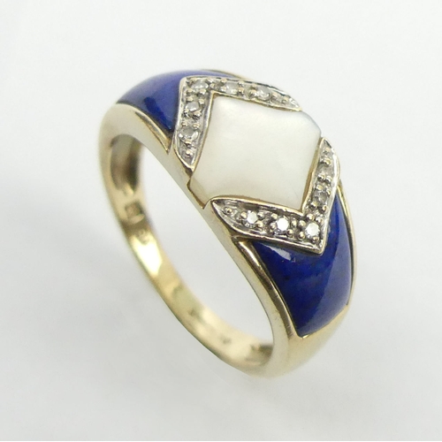 46 - 9ct gold lapis, abalone and diamond ring, 3.3 grams. Size N, 8.9 grams. UK Postage £12.