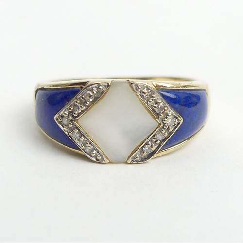 46 - 9ct gold lapis, abalone and diamond ring, 3.3 grams. Size N, 8.9 grams. UK Postage £12.