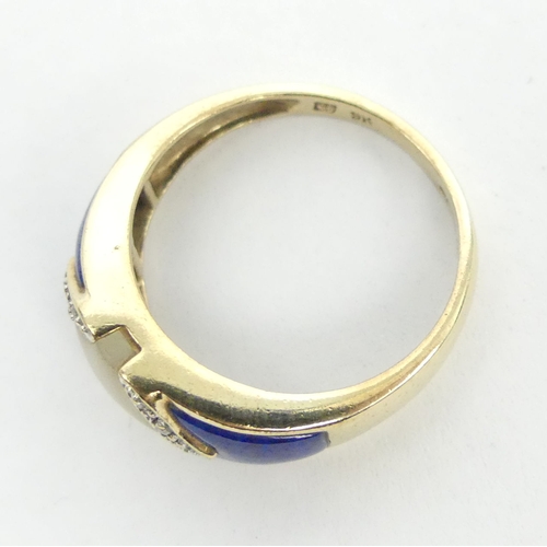 46 - 9ct gold lapis, abalone and diamond ring, 3.3 grams. Size N, 8.9 grams. UK Postage £12.