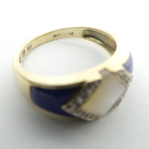 46 - 9ct gold lapis, abalone and diamond ring, 3.3 grams. Size N, 8.9 grams. UK Postage £12.