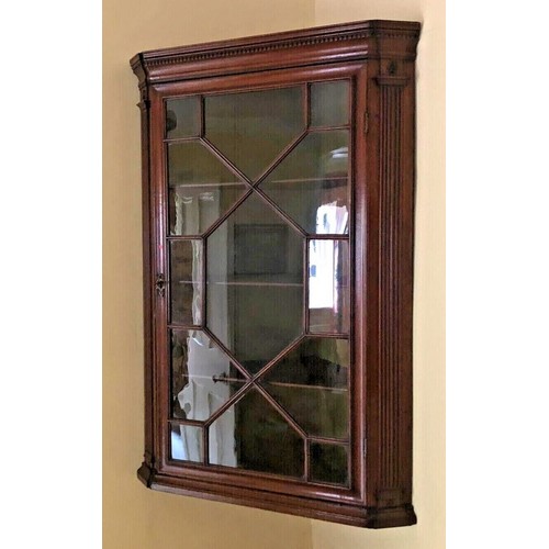 333 - Georgian mahogany astral glazed corner hanging wall cupboard. 91 x 74 cm. Collection only.