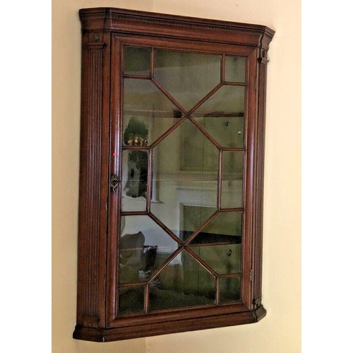 333 - Georgian mahogany astral glazed corner hanging wall cupboard. 91 x 74 cm. Collection only.