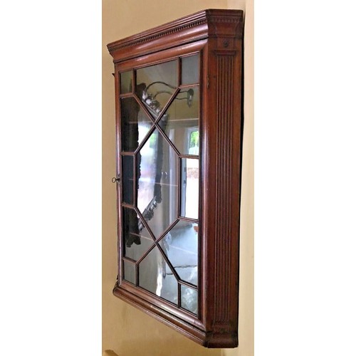 333 - Georgian mahogany astral glazed corner hanging wall cupboard. 91 x 74 cm. Collection only.