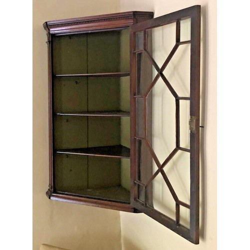 333 - Georgian mahogany astral glazed corner hanging wall cupboard. 91 x 74 cm. Collection only.