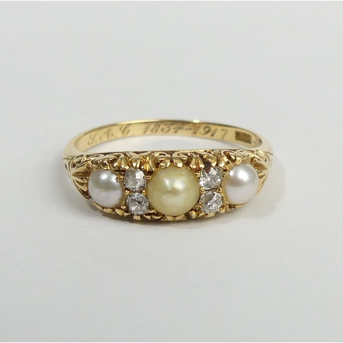 1 - 18ct gold split pearl and diamond ring, 3.3 grams, circa 1917. Size Q 6.1 mm. UK Postage £12.