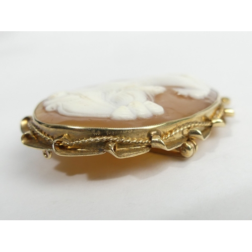 16 - 9ct gold carved shell cameo brooch, 11.3 grams. 40 x 50 mm. UK Postage £12.