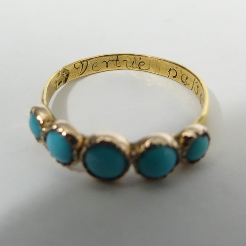 21 - Antique gold and turquoise ring, the inside with an inscription 'Virtue Paseth Riches'. Size P, 5.3 ... 