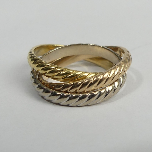 23 - 18ct three colour gold Russian wedding ring 7 grams. Size L, each ring 2.8 mm. UK Postage £12.