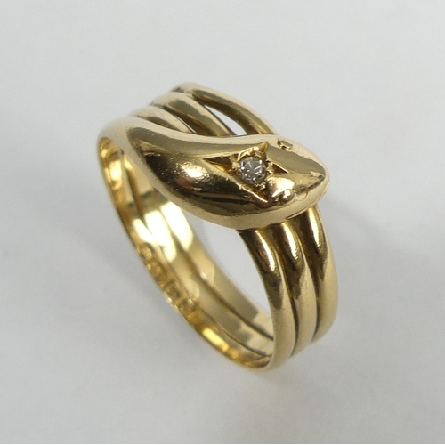 4 - 18ct gold diamond set snake ring, 4.3 grams, Chester 1915. Size Q 1/2, 9.9 mm. UK Postage £12.