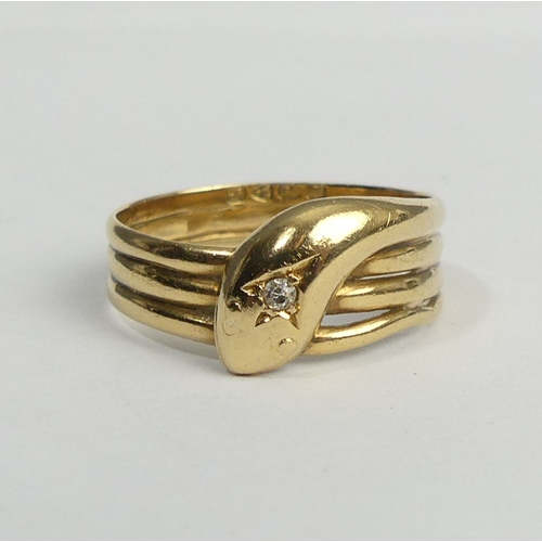 4 - 18ct gold diamond set snake ring, 4.3 grams, Chester 1915. Size Q 1/2, 9.9 mm. UK Postage £12.