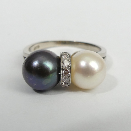 5 - 18ct white gold two colour cultured pearl and diamond ring, 5.7 grams. Size P, 9.2 mm. UK Postage £1... 