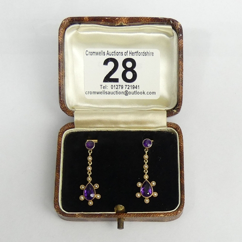 28 - Gold amethyst and seed pearl drop earrings, 14ct gold butterflies, 3.3 grams. 32 mm long, 10.1 mm wi... 