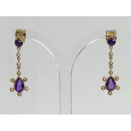 28 - Gold amethyst and seed pearl drop earrings, 14ct gold butterflies, 3.3 grams. 32 mm long, 10.1 mm wi... 