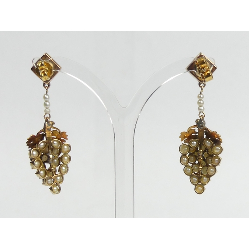 30 - A pair of gold and seed pearl grape design earrings with 9ct butterflies, 7.7 grams. 43 x 14 mm. UK ... 