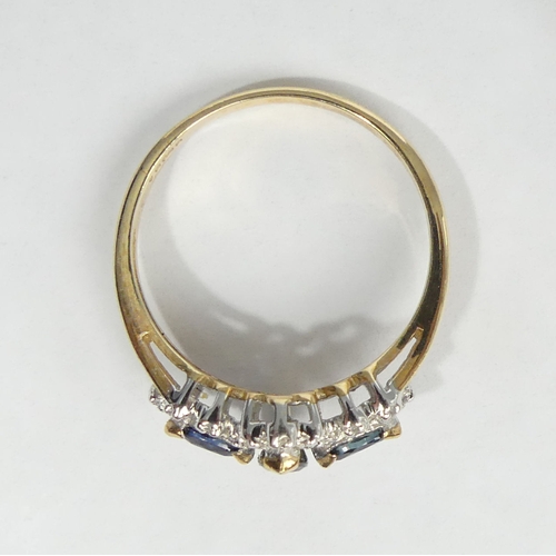 38 - 9ct gold sapphire and diamond ring, 2.3 grams. Size P 1/2, 10.3 mm. UK Postage £12.