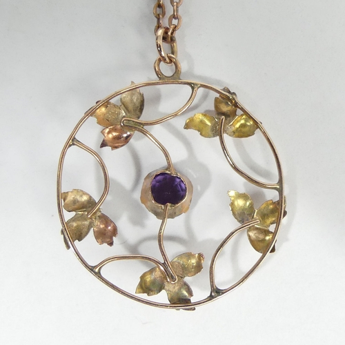 41 - 9ct rose gold amethyst pendant and chain, 3.3 grams. Pendant 23 mm, chain 45 cm. UK Postage £12.