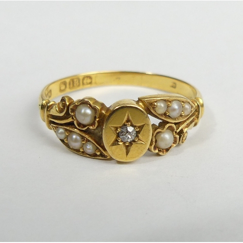43 - 18ct gold seed pearl and diamond ring, Birm.1904, 3.1 grams. Size P, 7 mm. UK Postage £12.
