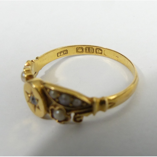 43 - 18ct gold seed pearl and diamond ring, Birm.1904, 3.1 grams. Size P, 7 mm. UK Postage £12.