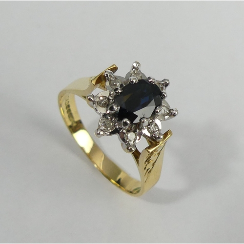 45 - 18ct gold sapphire and diamond ring, Sheffield 1978, 5 grams. Size R, 13 mm. UK Postage £12.