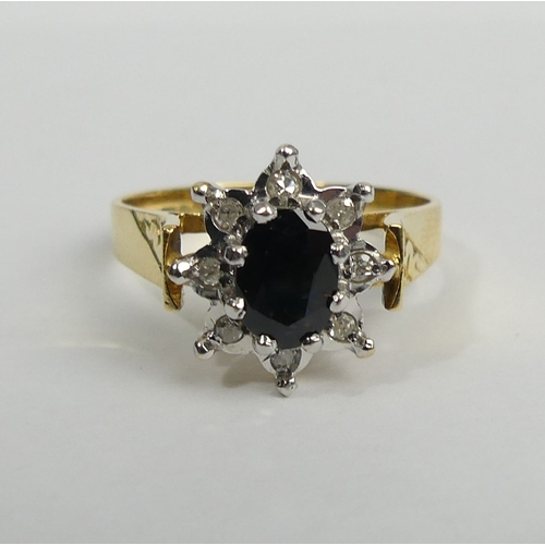 45 - 18ct gold sapphire and diamond ring, Sheffield 1978, 5 grams. Size R, 13 mm. UK Postage £12.