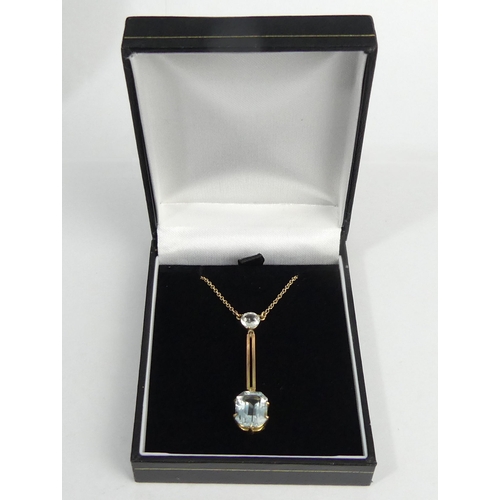 48 - 9ct gold Edna May pendant necklace, set pale blue stones, 3.9 grams. Pendant 43 mm long. UK Postage ... 