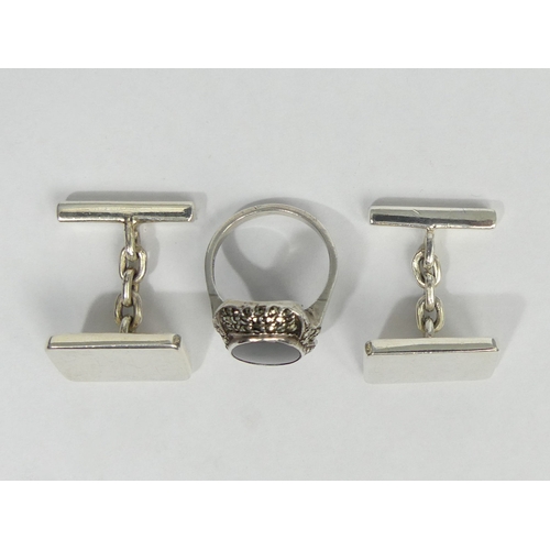 51 - Silver and marcasite ring size M 1/2 and a pair of silver tablet cufflinks. 24 grams. UK Postage £12... 