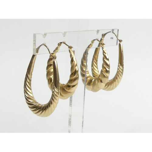 61 - Four pairs of 9ct gold earrings, 13.5 grams. Largest 42 mm long. UK Postage £12.