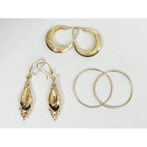 62 - Three pairs of 9ct gold earrings, 6.7 grams. Longest 48 mm. UK Postage £12.