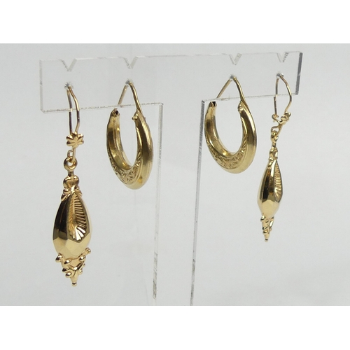 62 - Three pairs of 9ct gold earrings, 6.7 grams. Longest 48 mm. UK Postage £12.