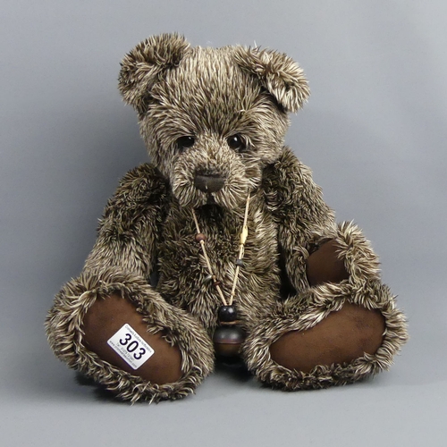 303 - Charlie Bear 'Guy', brown and cream pile textured fur, bell necklace. 52 cm. UK Postage £15.