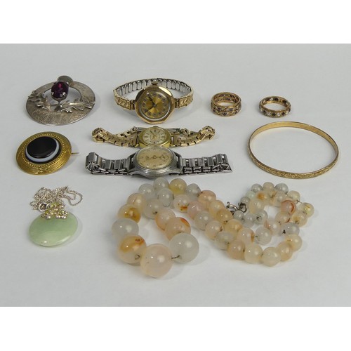 20a - A box of jewellery including two 9ct gold paste set rings (7 grams), a gold watch, banded agate broo... 