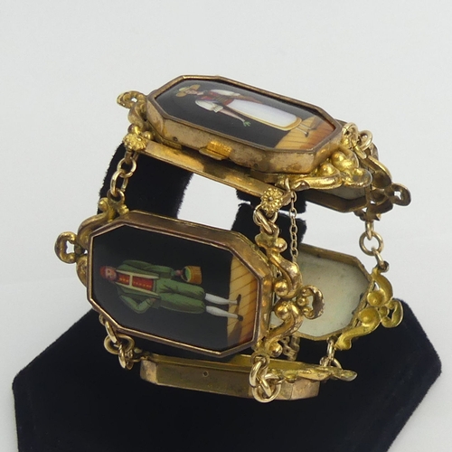 13 - Victorian gilt metal bracelet set with five hand painted porcelain panels, 50 grams. 52 mm x 17 cm. ... 