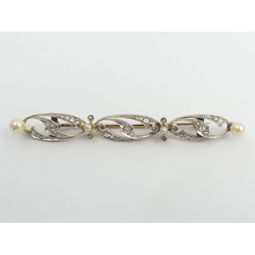 15 - 15ct gold tested diamond and seed pearl brooch, 8 grams. 67 mm. UK Postage £12.